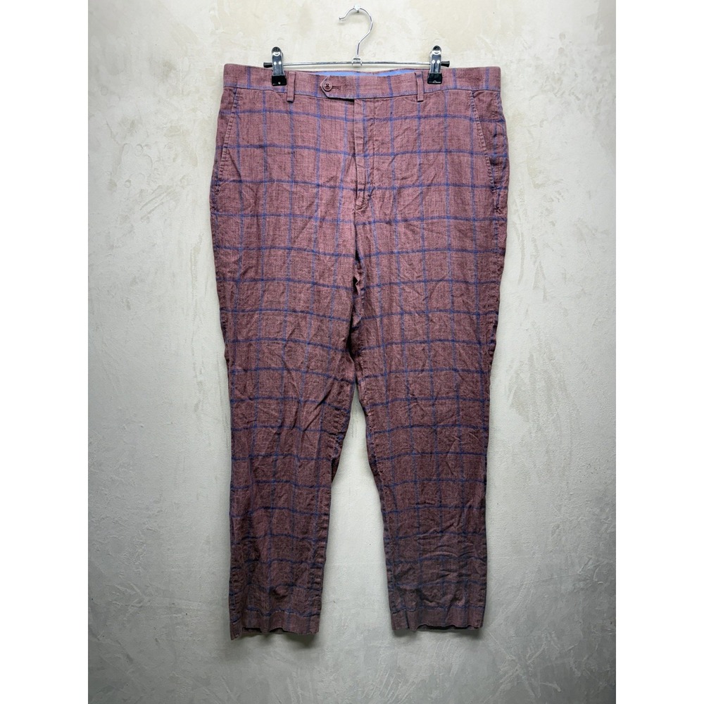 Tommy Hilfiger Linen Pants Mens 34W Pink Windowpane Plaid Dress Trousers Preppy